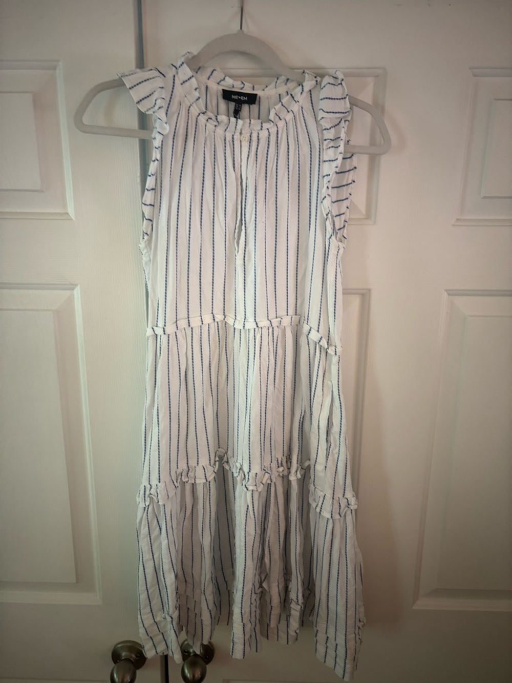 ME+EM White Midi Dress with Navy Vertical Stripes